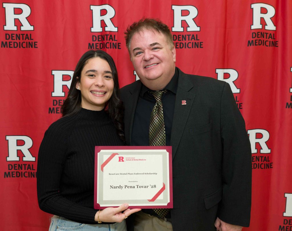 Photo of Nardy Pena Tovar, BeneCare Scholarship Recipient and Dr. Don Lapine, President, Rutgers School of Dental Medicine Alumni Association, Assistant Professor, Director of Operative Dentistry